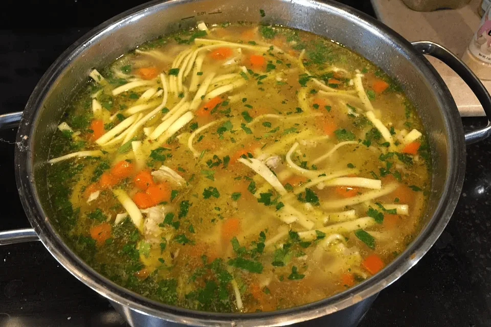Klare Hühnernudelsuppe mit Hühnerfleisch, kleinen Nudeln und fein geschnittenem Suppengemüse