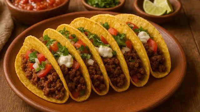 Fünf knusprige Tacos mit gewürztem Hackfleisch, frischen Tomaten, Zwiebeln, Koriander und Sauerrahm auf einem rustikalen Teller, serviert mit Salsa und Limettenspalten.