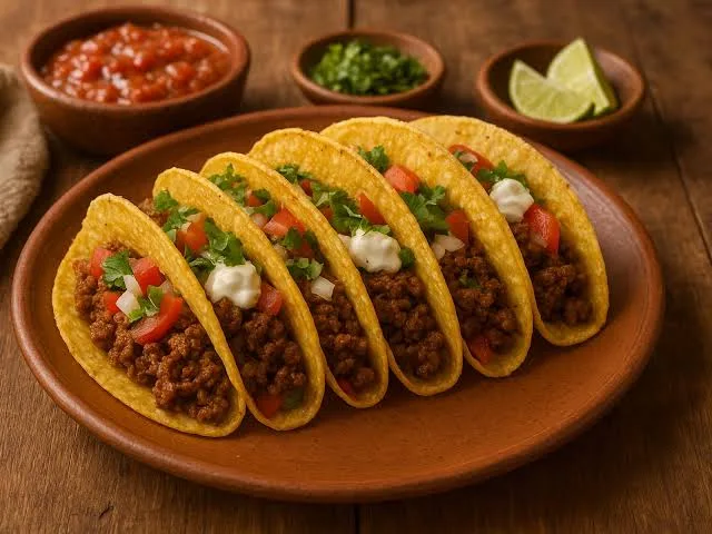 Fünf knusprige Tacos mit gewürztem Hackfleisch, frischen Tomaten, Zwiebeln, Koriander und Sauerrahm auf einem rustikalen Teller, serviert mit Salsa und Limettenspalten.